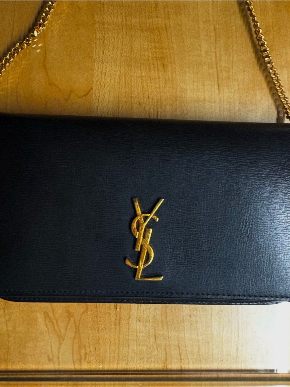 Saint Laurent Black Leather Chain Wallet with Gold YSL Emblem Perfect Condition